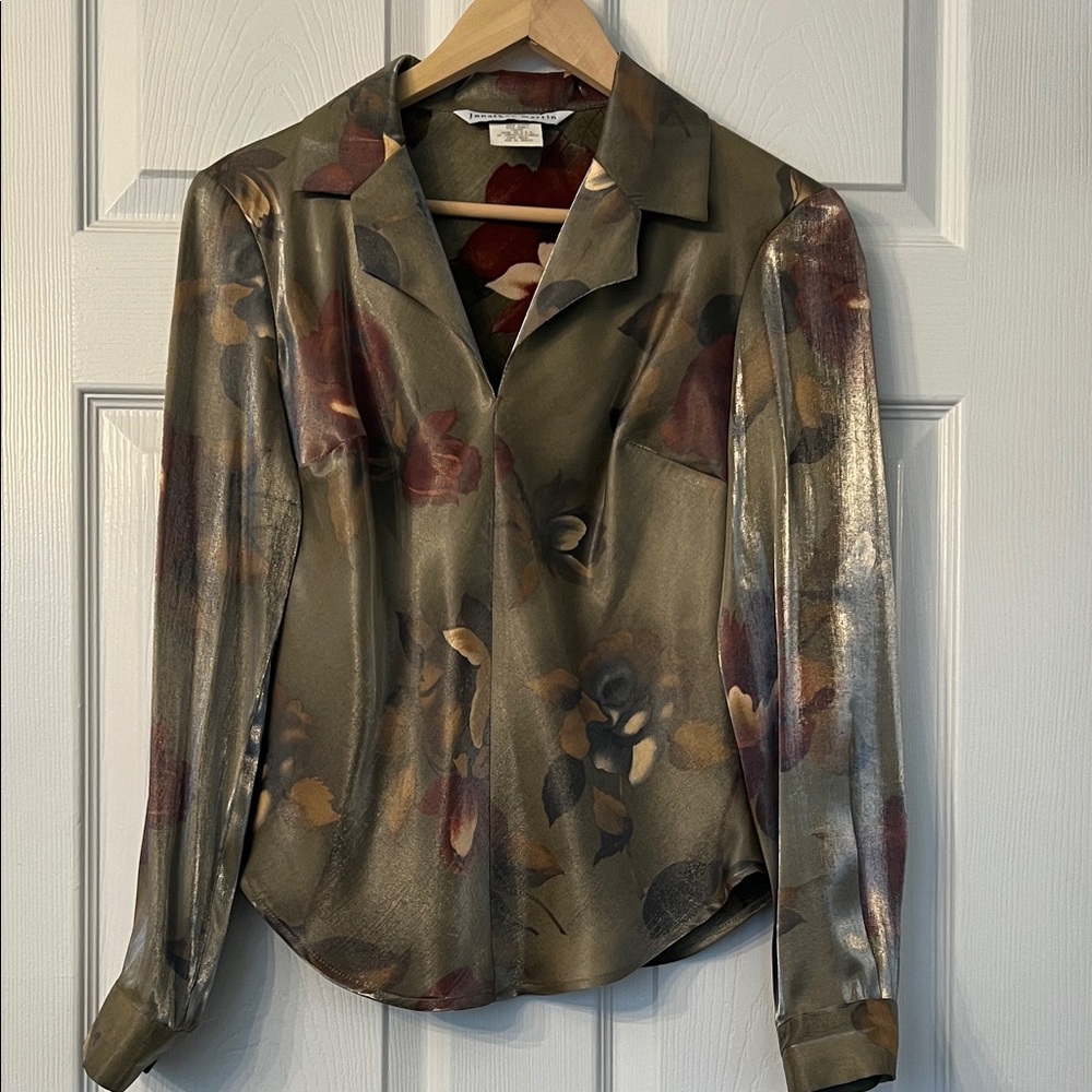 Floral Satin Blouse - Muted Sage Green/Olive with Floral Design